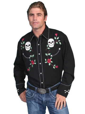 Scully Western Mens Black Polyester L/S Big Skull Rosees Western Shirt