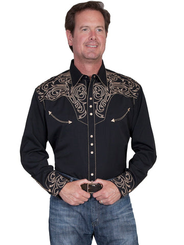 Scully Western Mens Black Polyester L/S Elegant Scroll Western Shirt