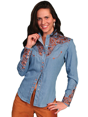 Scully Western Womens Blue Polyester L/S Floral Stitch Western Shirt