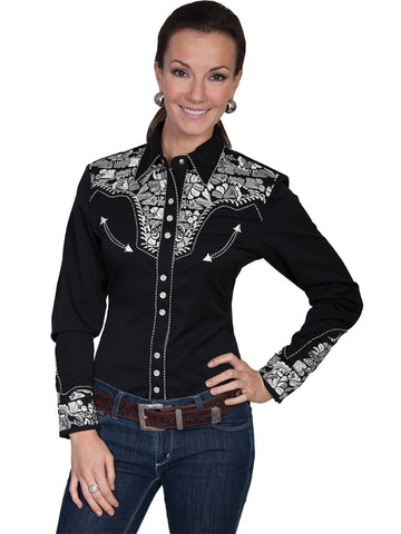 Scully Western Womens Silver Polyester L/S Floral Stitch Western Shirt
