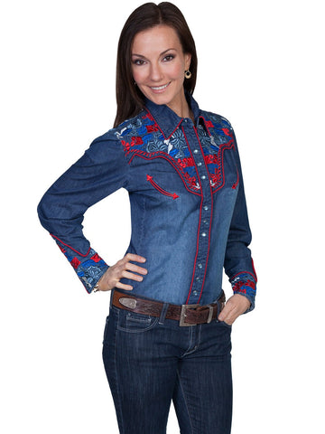 Scully Western Womens Denim Polyester L/S Multi-Floral Western Shirt