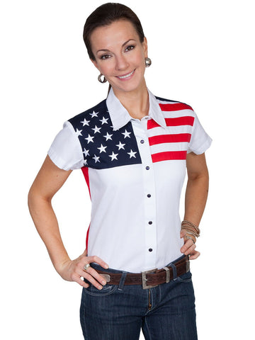 Scully Western Womens White 100% Cotton S/S USA Flag Western Shirt