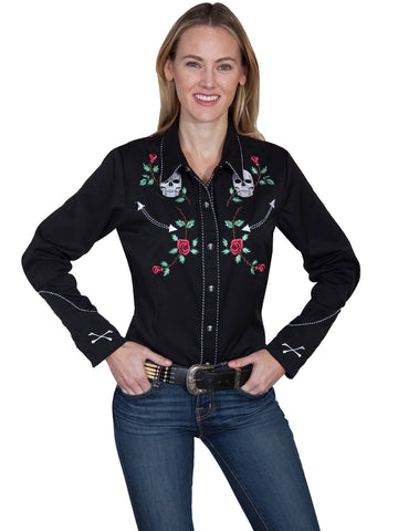 Scully Womens Black Poly/Rayon Skull & Roses L/S Blouse