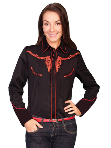 Scully Western Womens Burnt Orange Polyester L/S Steer Western Shirt