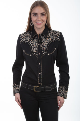 Scully Womens Black Poly/Rayon Scroll L/S Blouse