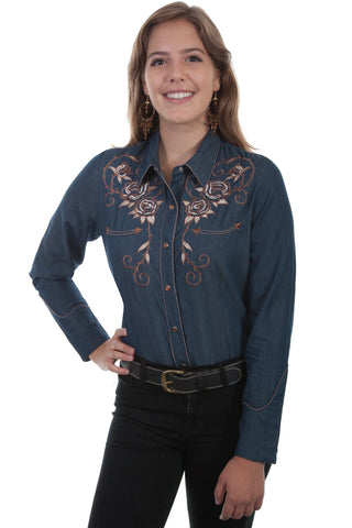 Scully Womens Denim Poly/Rayon Skull & Roses L/S Blouse
