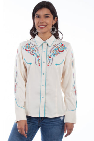 Scully Womens Cream Cotton Blend Feather L/S Shirt