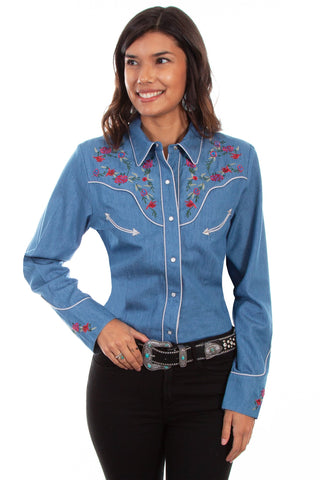 Scully Womens Denim Cotton Blend Longhorn L/S Shirt