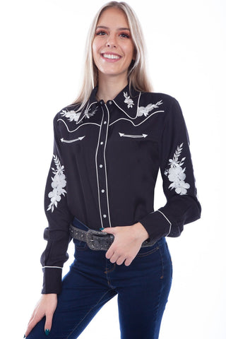 Scully Womens Black Rayon White Floral L/S Shirt