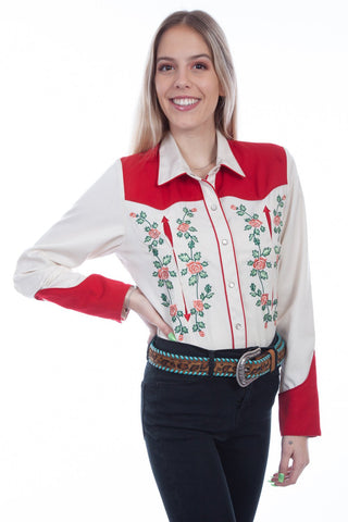 Scully Womens Ivory/Red Polyester Rose and Vine L/S Shirt