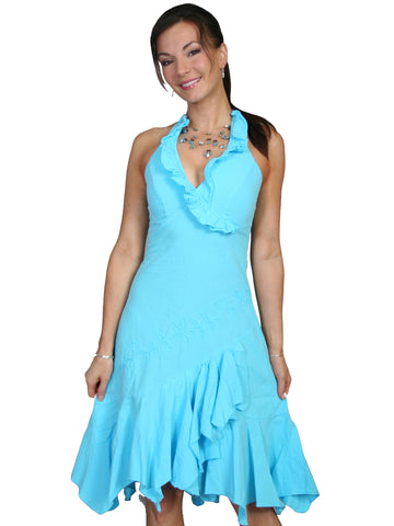 Scully Cantina Collection Halter Dress Turquoise 100% Cotton Ruffled