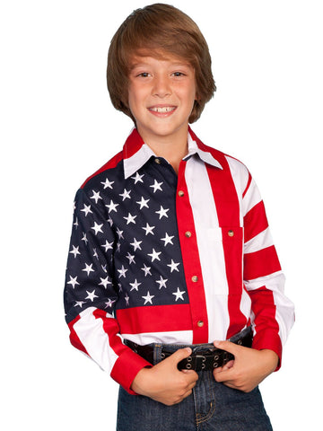 Scully Rangewear Boys Red 100% Cotton L/S Stars & Stripes USA Flag Shirt