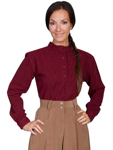 Scully RangeWear Womens Burgundy 100% Cotton Embroidered Inset L/S Blouse
