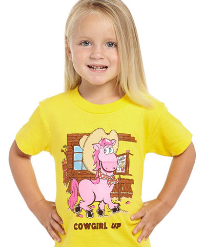 Cowgirl Up Toddler Girls Yellow Cotton S/S T-Shirt Smile Horse Western
