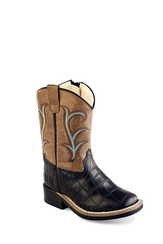 Old West Black/Tan Toddler Boys Faux Leather Croc Cowboy Boots