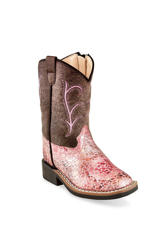 Old West Antique Pink/Crackle Toddler Girls Faux Leather Cowboy Boots