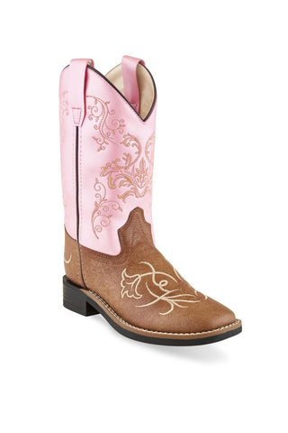Old West Tan/Pink Toddler Girls Faux Leather Vintage Cowboy Boots