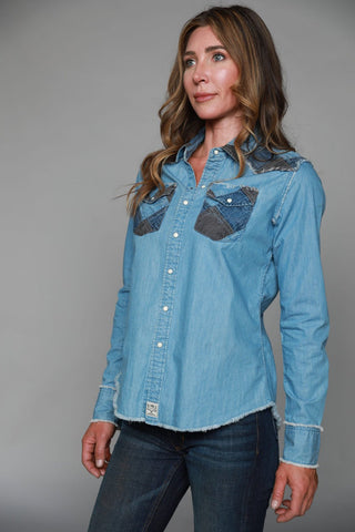 Kimes Ranch Womens KC Patched Top Indigo Denim Cotton Blend L/S Shirt